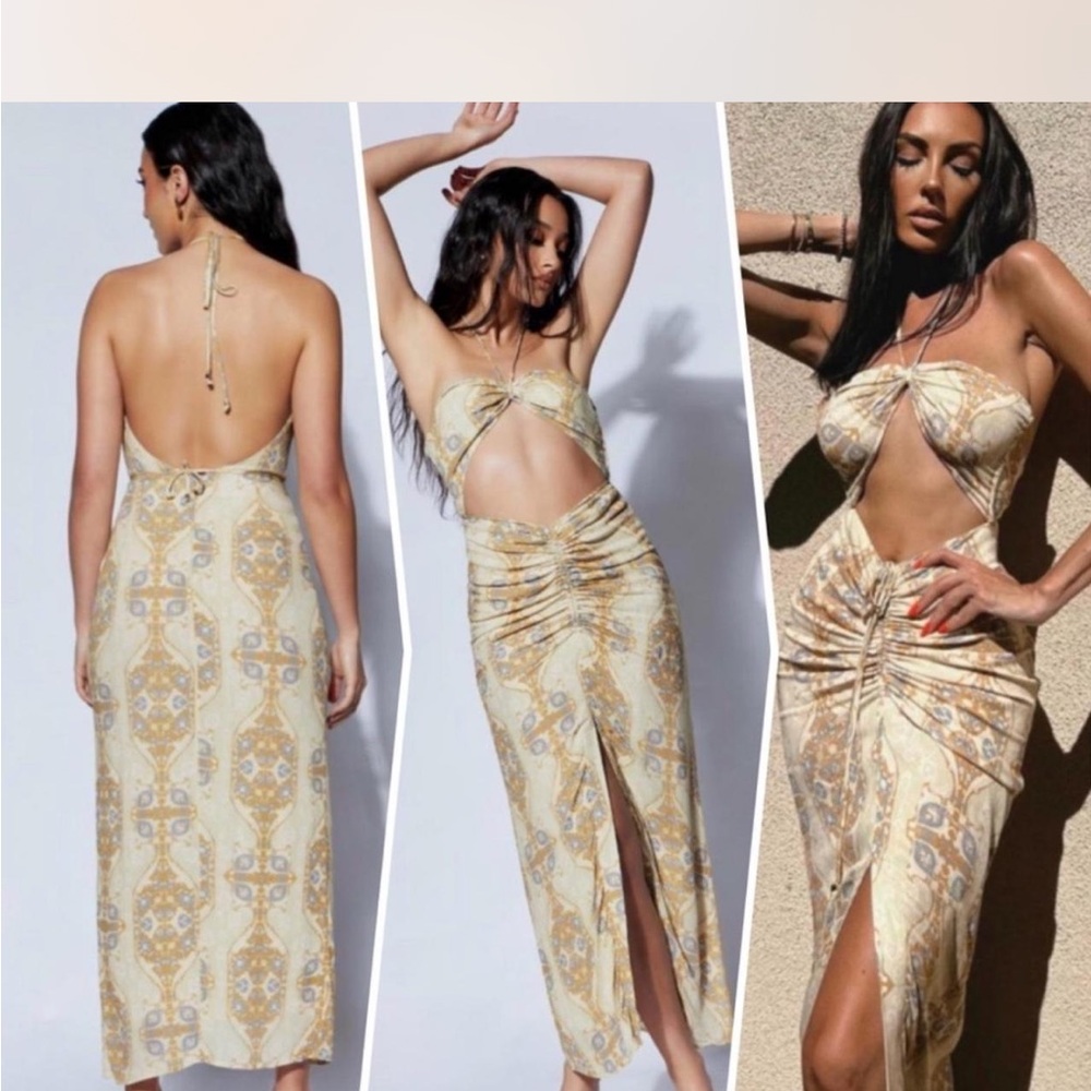 Meshki Beige and Gold Backless Dress